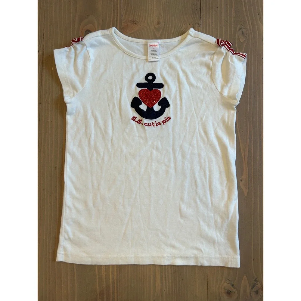 Bb3‎ Gymboree Girls White Anchor Heart Sequin S.S. Cutie Pie T-Shirt 12 Nautical